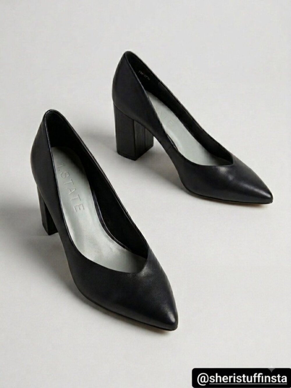1.STATE Black Leather Pointed Toe Block Heel Pumps Saffire 7M Sweetheart Vamp